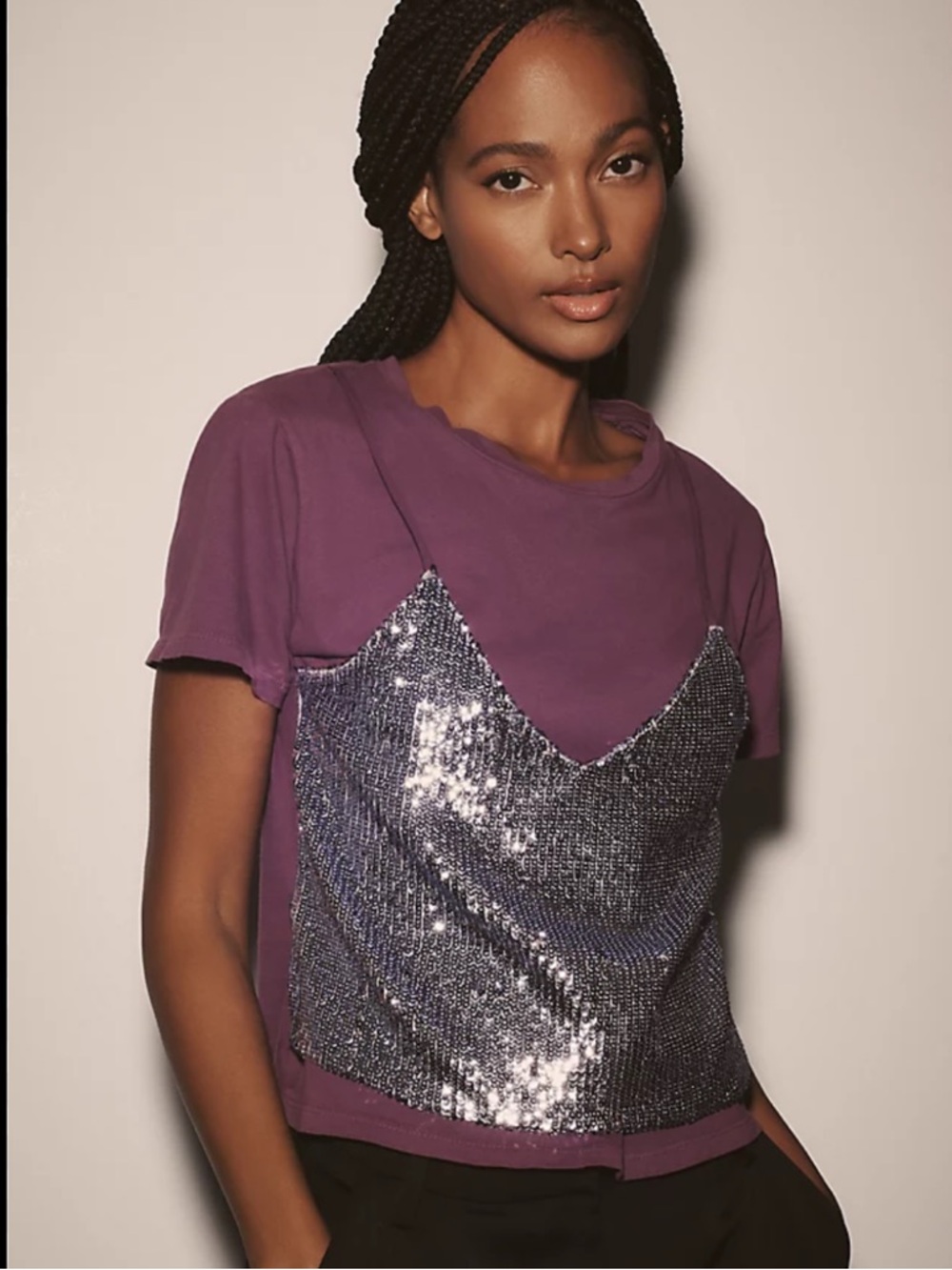 Anthropologie Le Superbe Birdie Sequin Tee Sequin-Trim Purple‎ Short Sleeve Top